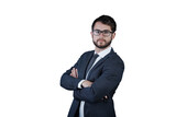 Portrait, glasses and business man with arms crossed isolated on transparent png background. Serious face, professional entrepreneur or confident salesman, worker pride or corporate employee in Spain