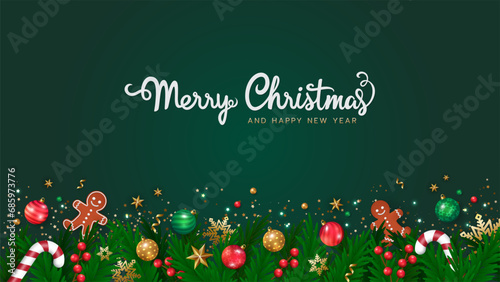 Merry Christmas and happy new year on green background with christmas decoration ornaments elements. Christmas element for web, banners, greeting card, template design. Vector EPS10.