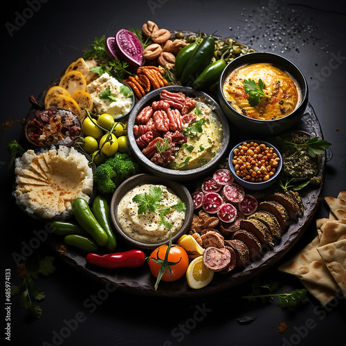 An appetizing Turkish meze platter full of vegetables, pickles and meat.
