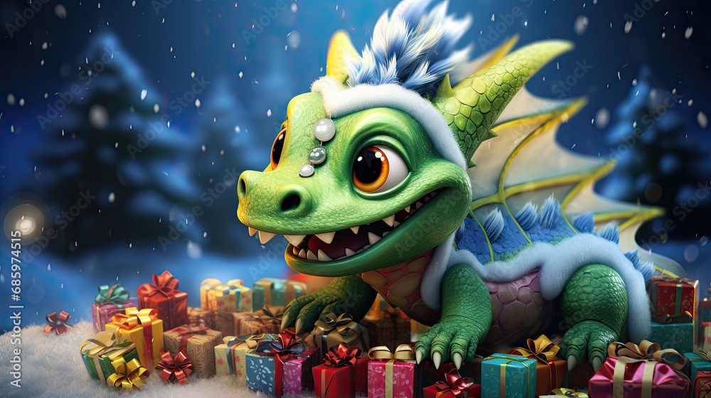 Excited green dragon amidst a treasure trove of Christmas gifts on a snowy night. Excited green dragon amidst a treasure trove of Christmas gifts on a snowy night.