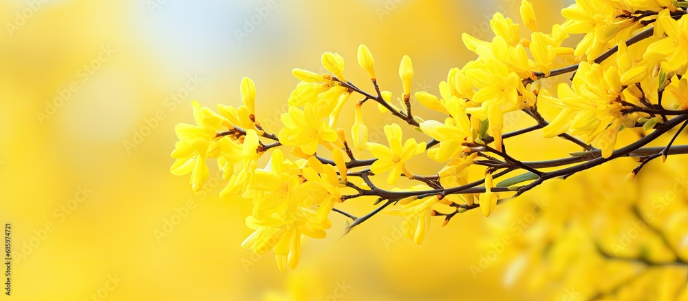 Selective focus on a yellow Forsythia bush in spring. Background with room for text. Selective focus on a yellow Forsythia bush in spring. Background with room for text.