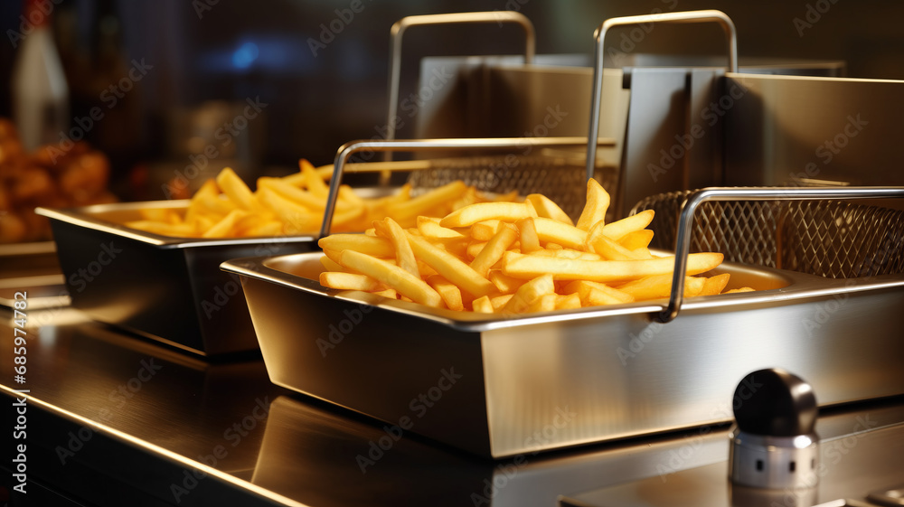 French fries cooking. Grid with strips hop potato in boiling oil. Concept of fast food French fries cooking. Grid with strips hop potato in boiling oil. Concept of fast food