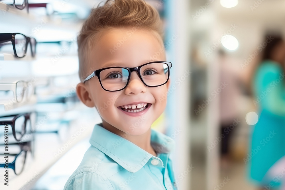 Fototapeta premium Little happy boy choosing glasses for vision eye at optical store