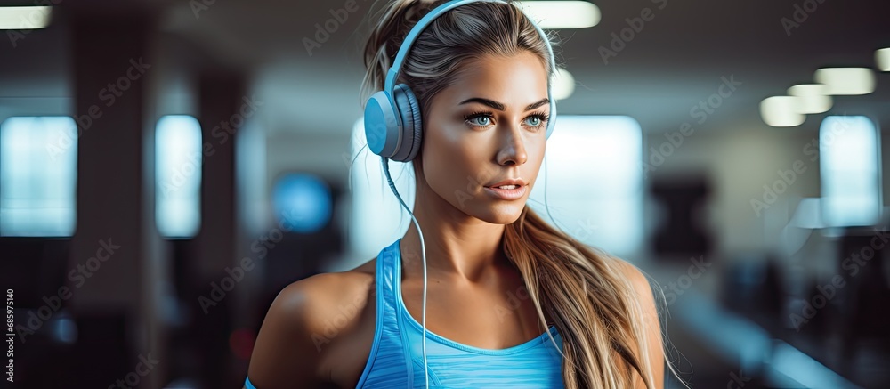 Young athletic woman in blue tracksuit working out with fitness bands in home gym.