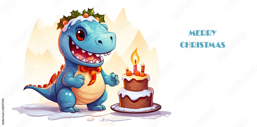 Cute big dinosaur T-Rex with christmas cake on white background. Happy birthday party