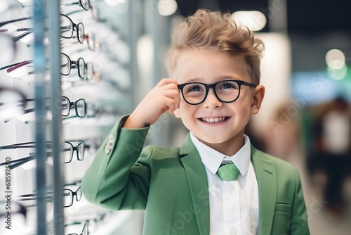 Little happy boy choosing glasses for vision eye at optical store
