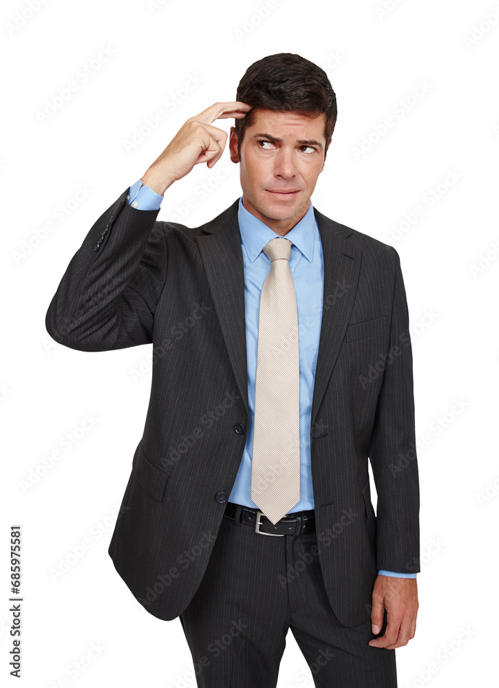 Thinking, confused and business man scratching head with questions on isolated, transparent or png background. Why, doubt and face of mature entrepreneur with emoji sign for forget, mistake or oops Thinking, confused and business man scratching head with questions on isolated, transparent or png background. Why, doubt and face of mature entrepreneur with emoji sign for forget, mistake or oops