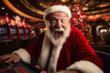 Santa Claus winner playing poker or game roulette wheel spinning, Christmas holiday in casino of Las Vegas