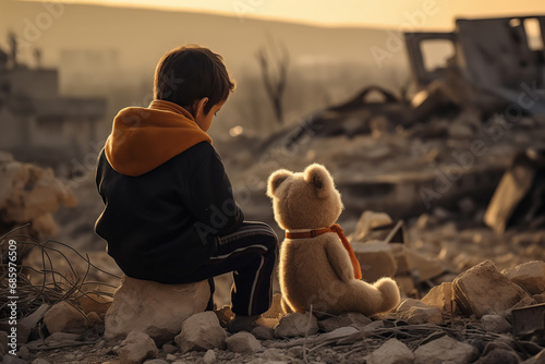Concept destroy life of baby and death kids after accident war or earthquake. Child with Dirt toy bear background rubble of house