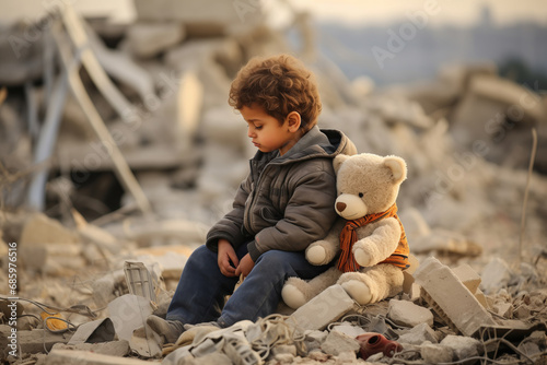 Concept destroy life of baby and death kids after accident war or earthquake. Child with Dirt toy bear background rubble of house