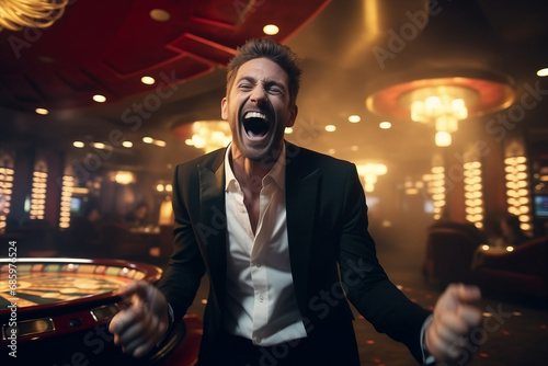 Portrait of man gambler obsessed with casino games gambling, crazy addiction of slot machine