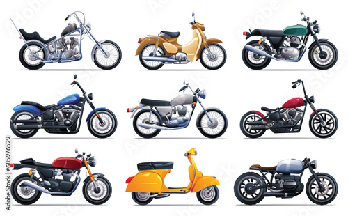 Set of classic motorcycles in various types. Vector cartoon illustration photo