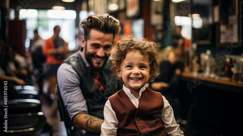 Happy hipster family child boy son and dad in barbershop with fashion haircut, background barber shop lifestyle.