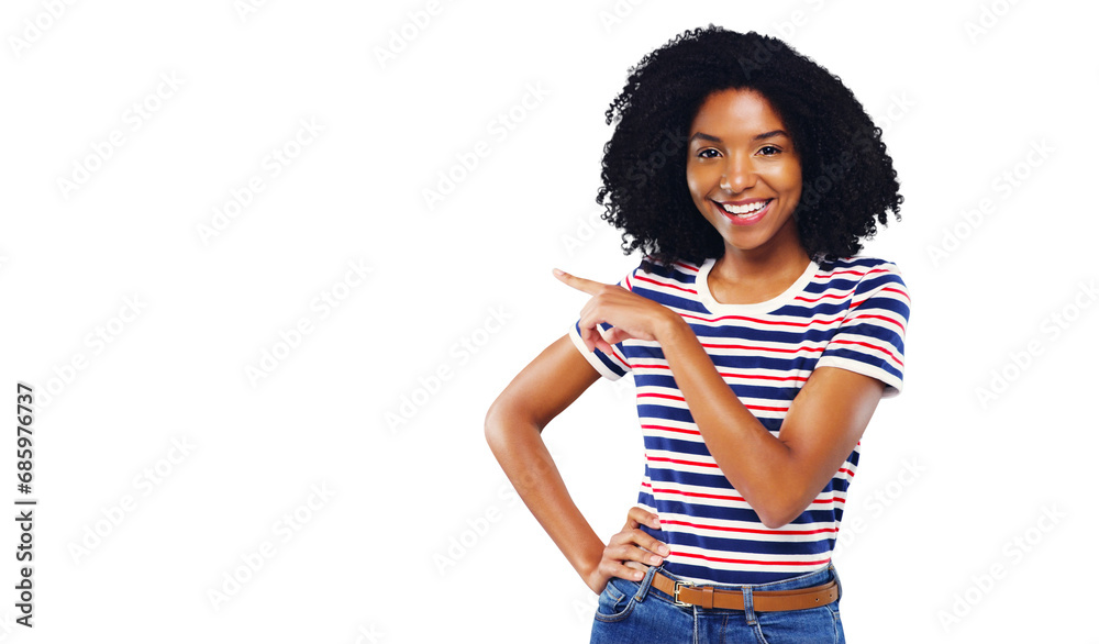 Happy woman, portrait and pointing in fashion, advertising or marketing isolated on a transparent PNG background. Young female person smile and showing deal, sale or notification in casual clothing Happy woman, portrait and pointing in fashion, advertising or marketing isolated on a transparent PNG background. Young female person smile and showing deal, sale or notification in casual clothing