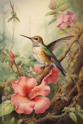 Fototapeta Naklejka Na Ścianę i Meble -  hummingbird in the forest with flowers and leaves watercolor vintage painting
