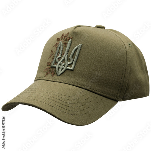 Khaki Patriotic Cap with Ukrainian trident. This is the national coat of arms of Ukraine, not a trademark. Made in Ukraine. Baseball and trucker cap. Brown and green camouflage for forest.