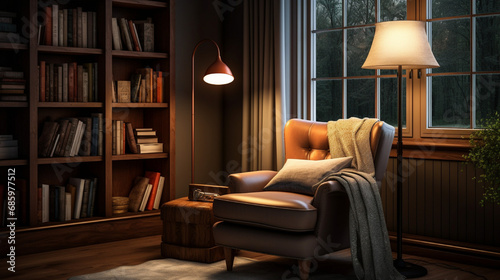 Charming reading corner with a comfortable chair, floor lamp, and a bookshelf © Nayyab