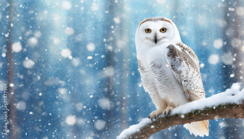 snowy owl sitting on tree branch in winter