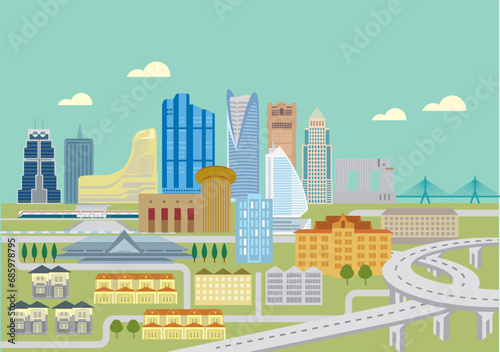 Flat graphic urban view of Bangkok metropolitan  capital of Thailand