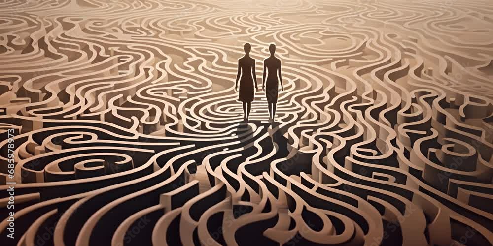 Two dark figures stand on the path leading to the center of the giant maze. Generative AI Two dark figures stand on the path leading to the center of the giant maze. Generative AI