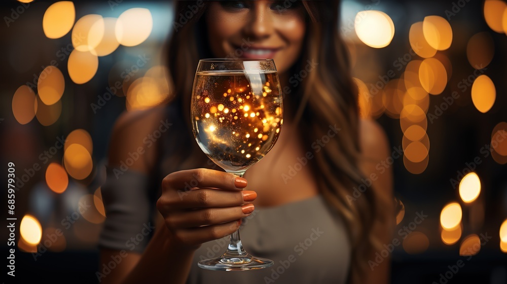 Person with a glass of sparkling champagne. Celebration happy holiday time Person with a glass of sparkling champagne. Celebration happy holiday time