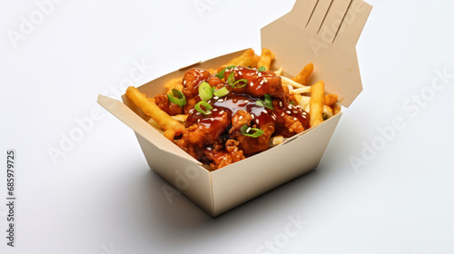 fries with ketchup in a takeaway box