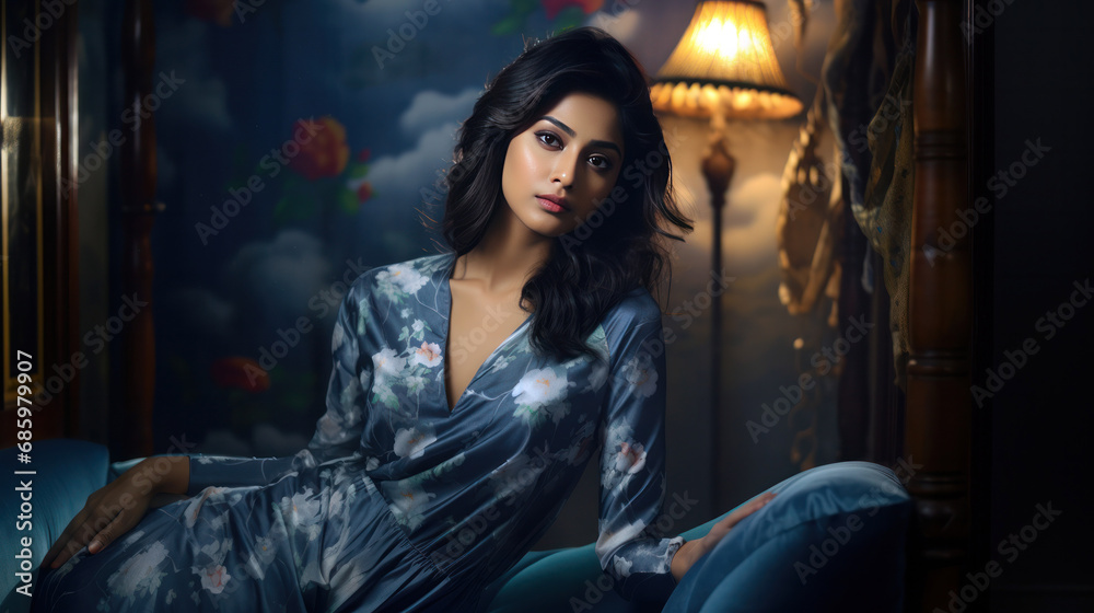 a beautiful Indian woman sitting on a bed in the night