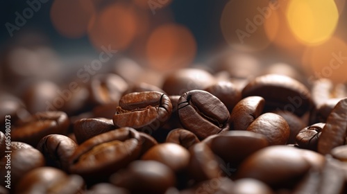 Close up of roasted coffee beans with a warm backlight background