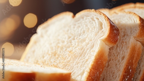 Close up of fluffy white bread slices, toasted edges, food background