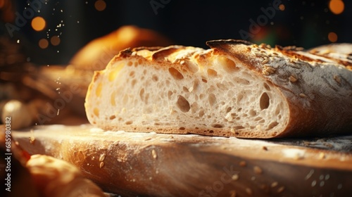 Loaf of crusty rustic bread, freshly baked and sliced, flour dusted