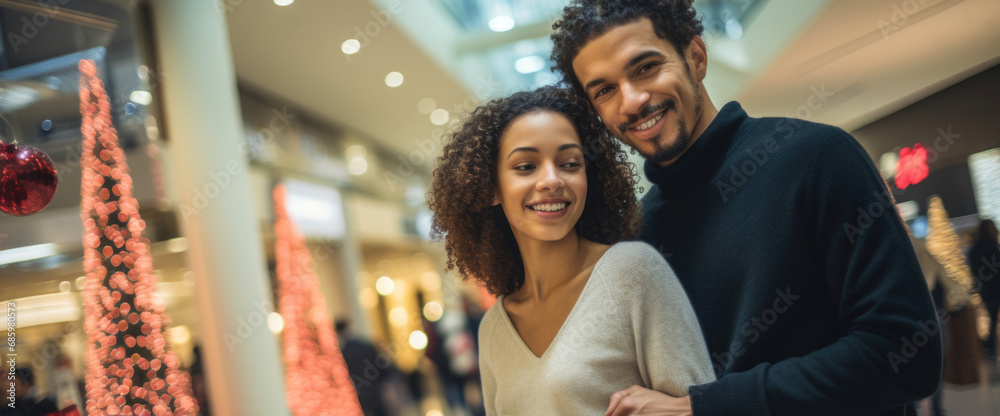 Happy young couple shopping during Christmas season at the shopping mall.