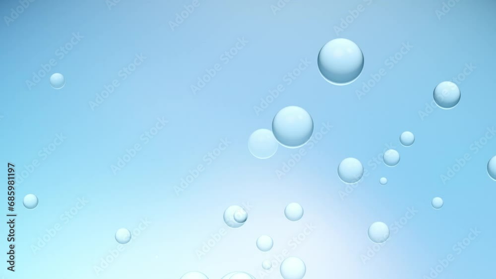 Water bubbles animation seamless loop. going up on blue background. Background element, 3D Render.
Water bubbles animation seamless loop. going up on blue background. Background element, 3D Render.