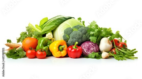 Vegetables and fruits on a white background, fresh and colorful. Copy space