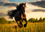 Graceful Power: Majestic Black Horse Galloping Across Vibrant Green Fields