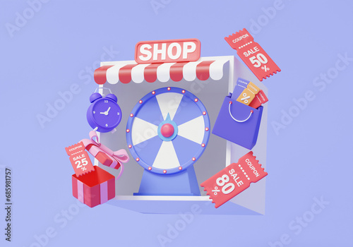 Shop store mockup kiosk giftbox fortune spin promotion marketing entertainment risk gamble event jackpot prize  shopping cart buying discount, promotion, sale, banner, customer, 3d render elements