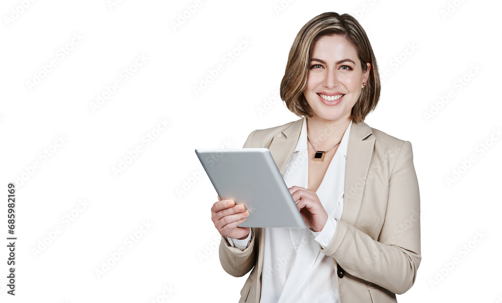 Portrait, tablet and smile with a business woman isolated on a transparent background for research. Technology, internet and social media with a happy young employee on PNG for email communication Portrait, tablet and smile with a business woman isolated on a transparent background for research. Technology, internet and social media with a happy young employee on PNG for email communication