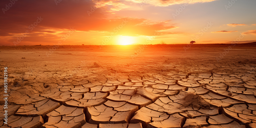 Cracked earth with dried up lake in background Environmental Desolation Barren Earth and Shrunken Lake