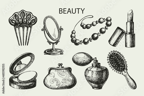 Beauty sketch icon set. Vintage hand drawn vector illustrations of cosmetics photo