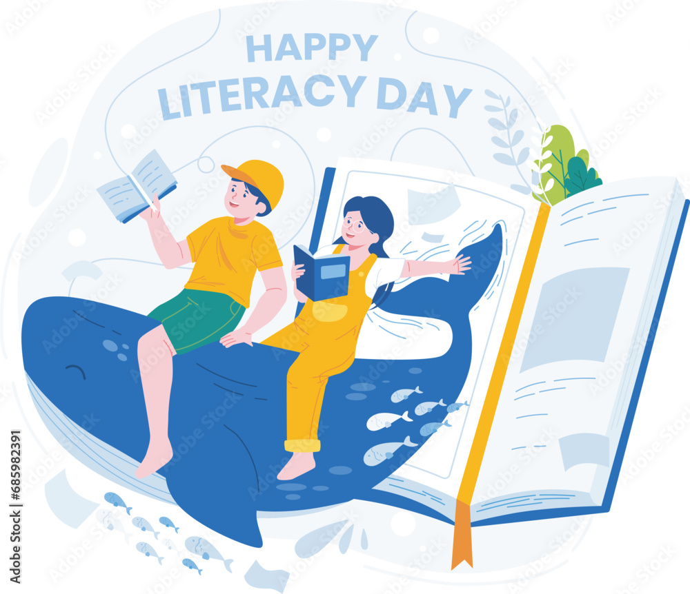 Happy Literacy Day Illustration. Children's Imagination Concept, Reading Books Becomes an Adventure of Fantasy and Imagination
