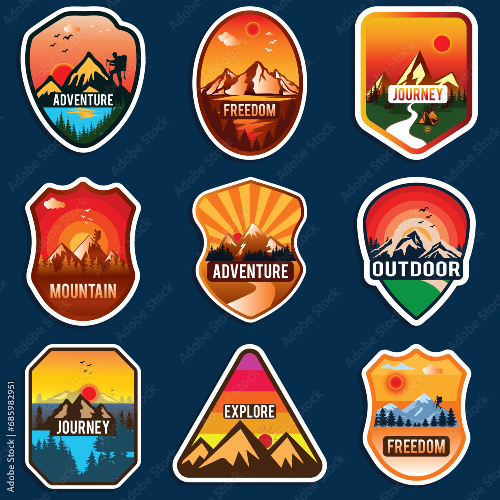 Mountain travel emblems and sticker set.  Camping outdoor, adventure emblems, badges and logo.  Hiking, mountains emblem badges design. Mountain logo and sticker design.