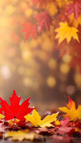 web banner design for autumn season and end-year activity with red and yellow maple leaves with soft focus light and bokeh background, copy space 