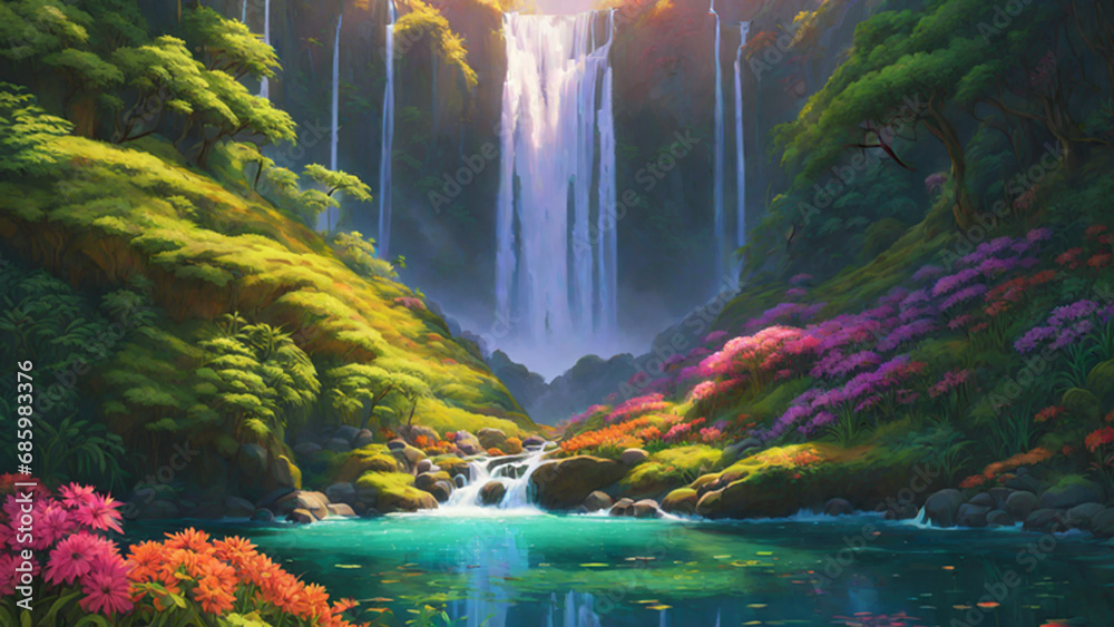 Vibrant wilderness. Bright colors of nature. Lush green foliage ...
