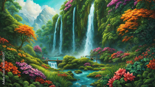 Vibrant wilderness. Bright colors of nature. Lush green foliage, colorful flowers and a cascading waterfall create a vibrant and vibrant depiction of the natural world. Generative AI, Generative, AI