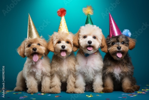 Cute smiling dogs celebrating pet shop anniversary or birthday, plain blue color background
