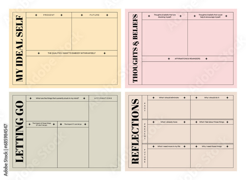 Set of printable vector reflection, habit, intention, affirmation, manifestation planner template for journaling
