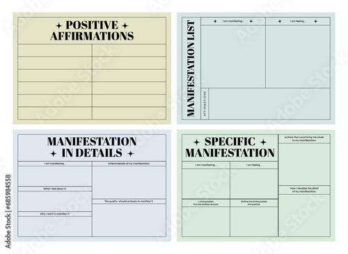 Set of printable vector manifestation, affirmation, and gratitude planner template for journaling