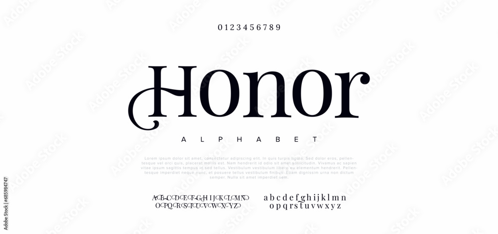 Modern elegant alphabet design with uppercase, numbers and symbol - obrazy, fototapety, plakaty 