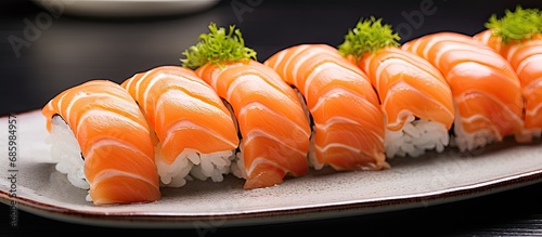 Tasty salmon sushi in close-up view. photo