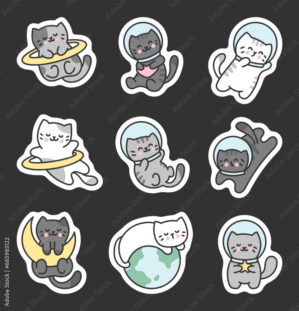 Kawaii space cute cat. Sticker Bookmark. Pet cartoon character. Kitten astronauts. Hand drawn style. Vector drawing. Collection of design elements.