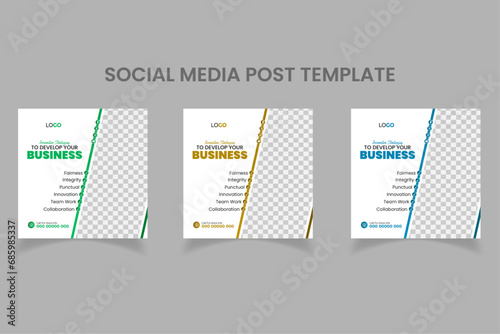 Minimal abstract shapes business social media post template set | Blue, Green and Yellow colors (ID: 685985337)